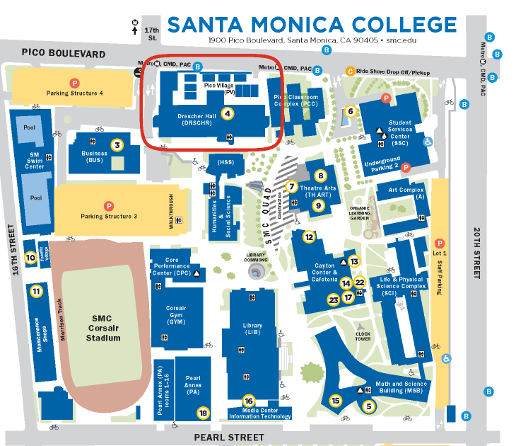 Image of SMC campus map with red box drawn around Drescher Hall.