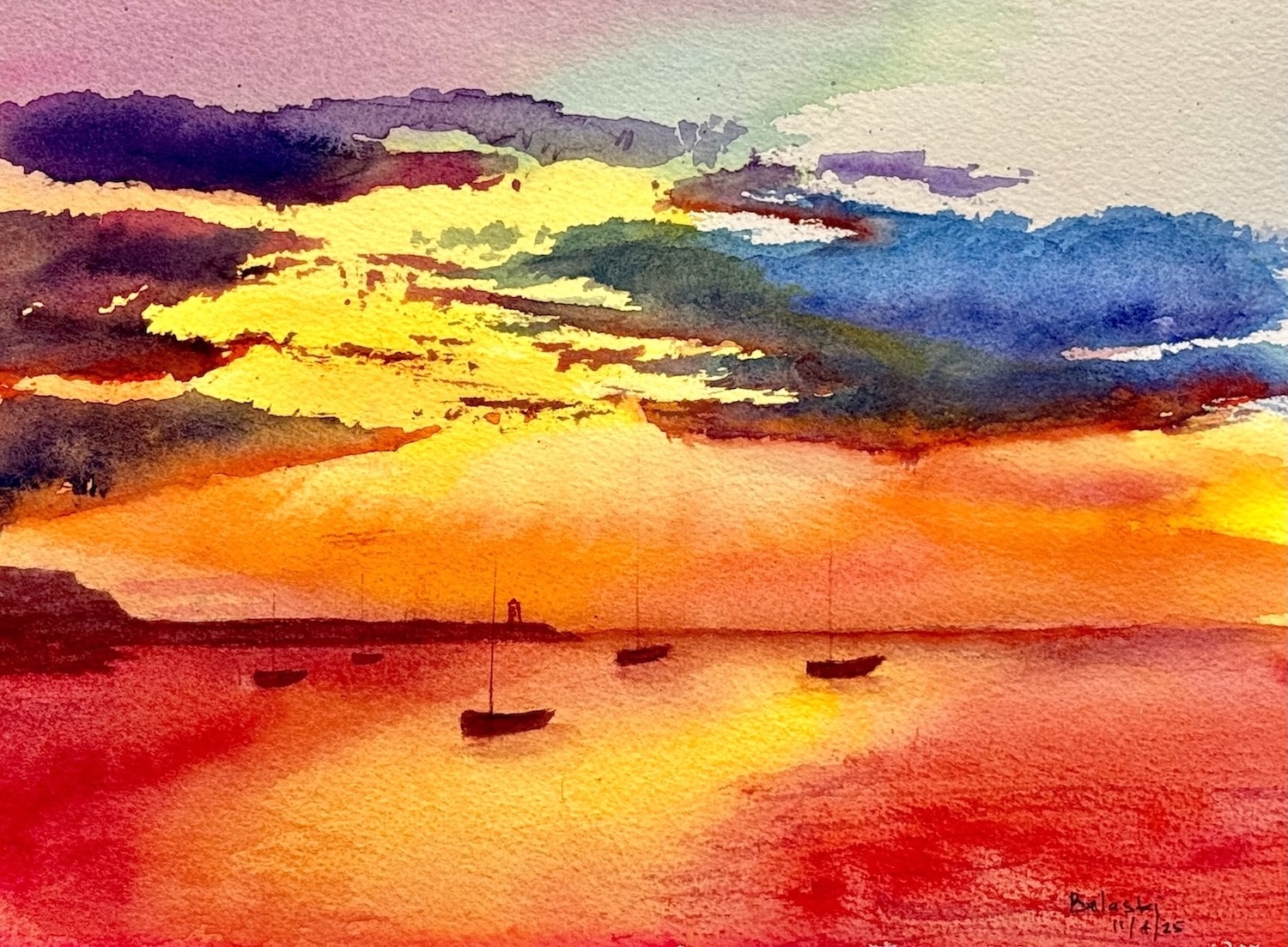 Watercolor painting of bright colorful sunset with boats on the ocean in the distance.